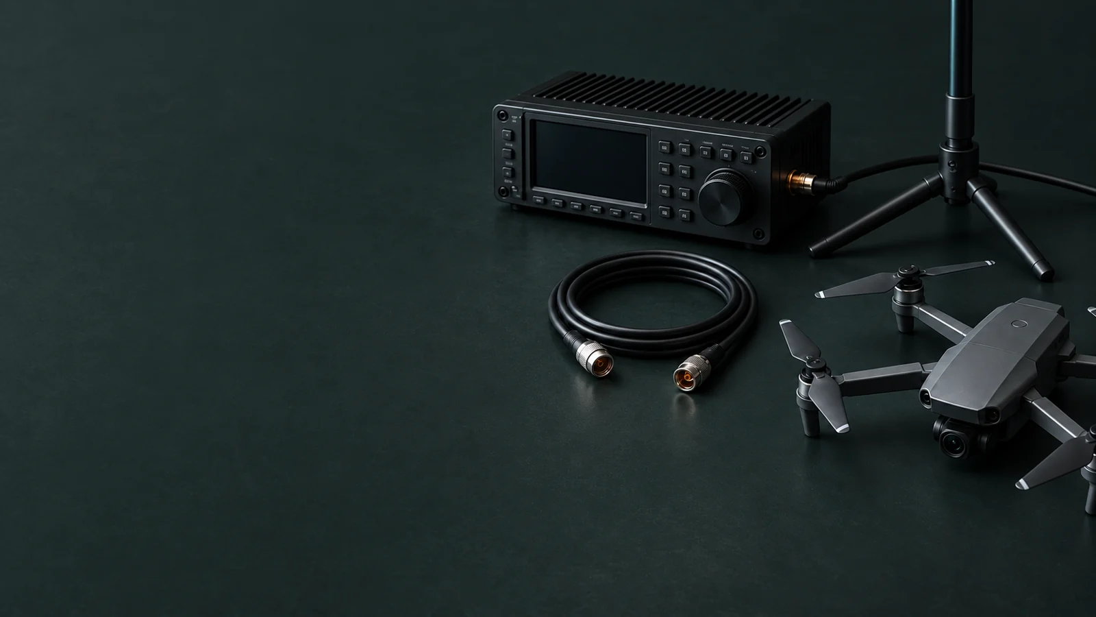 Conceptual still life of radio equipment, a coaxial cable, and a small drone